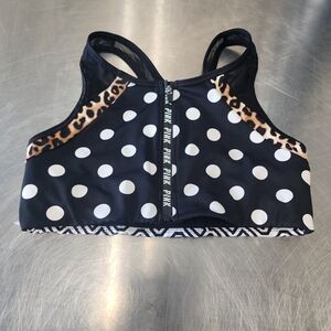 Victoria's Secret Black & White Polka Dot Front-Zip Sports Bra with Leopard Trim